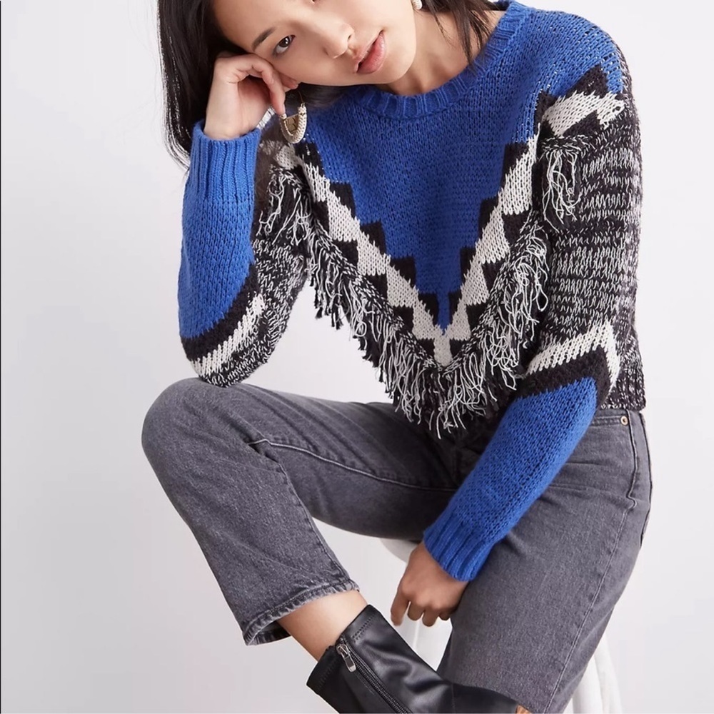 NWT Anthropologie Miska Blue Fringe Knit Sweater Women’s Medium Petite